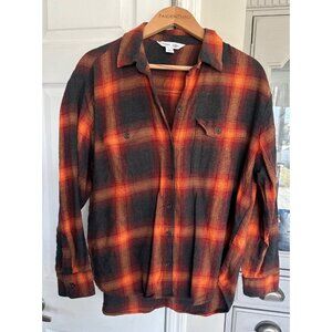 Old Navy Flannel Shirt Women L Orange Plaid Boyfriend Taylor Swift Evermore